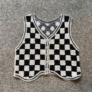 Black and Cream Crochet Checkered Vest